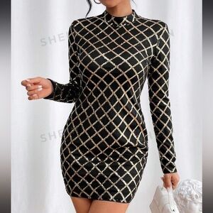 SHEIN Privé Women's Slim Fit Long Sleeve Glitter Plaid Stand Collar Dress